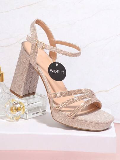 SHUZIA Damskor Dressy Holidays Square Toe Plattform Block Heel Glitter Rose Gold Dressy Shoes