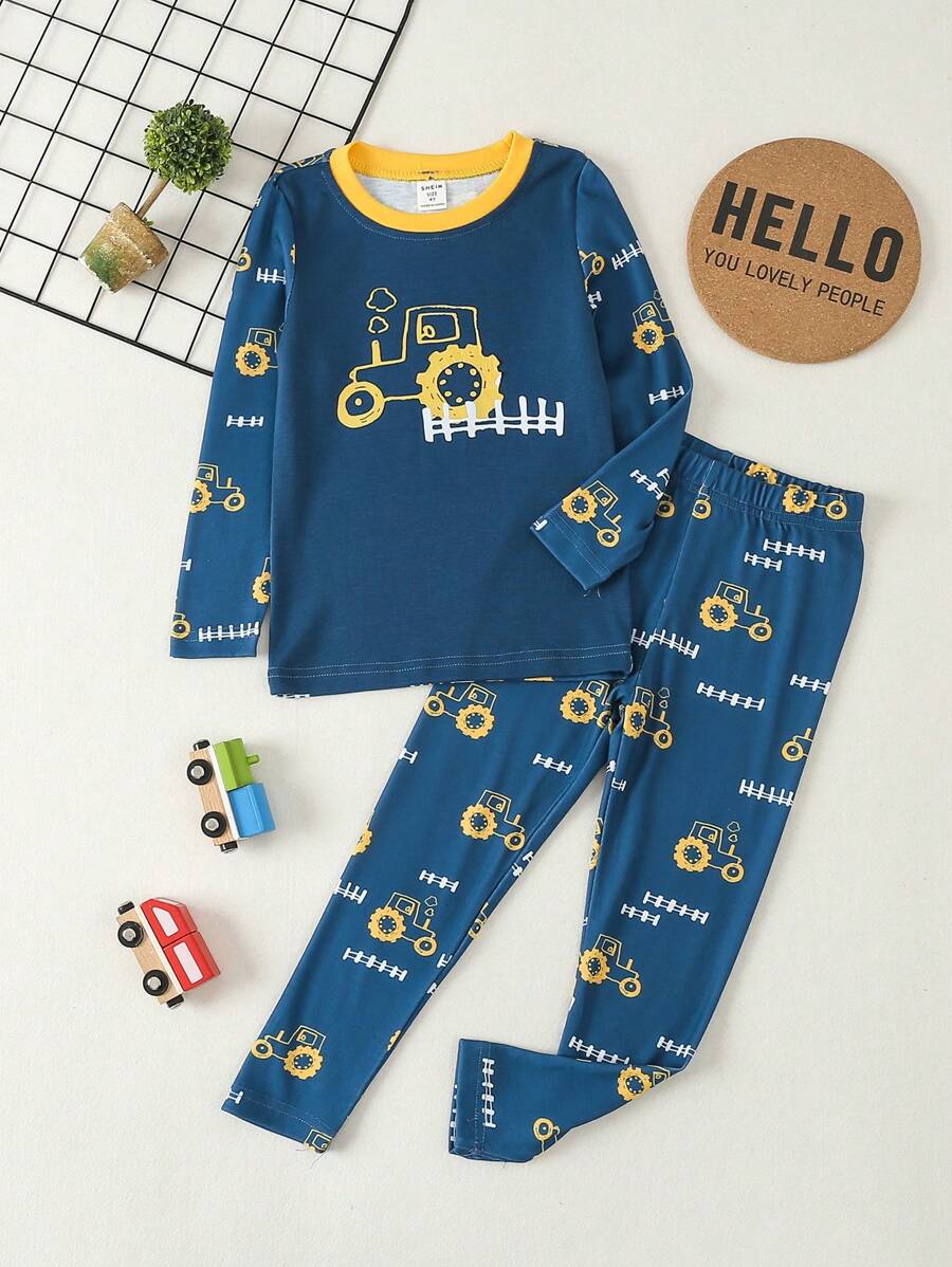 年輕男孩卡通及字母平面貼身睡衣套裝 - 藍色 - 查看 1
