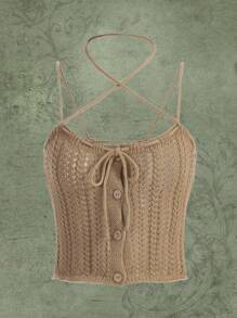 ROMWE Fairycore 前繫帶紐扣細節針織吊帶上衣 - 棕色 - 查看 1