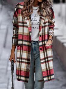 SHEIN LUNE Plaid Double Pocket Lapel Neck Drop Shoulder Overcoat - Multicolor - View 1