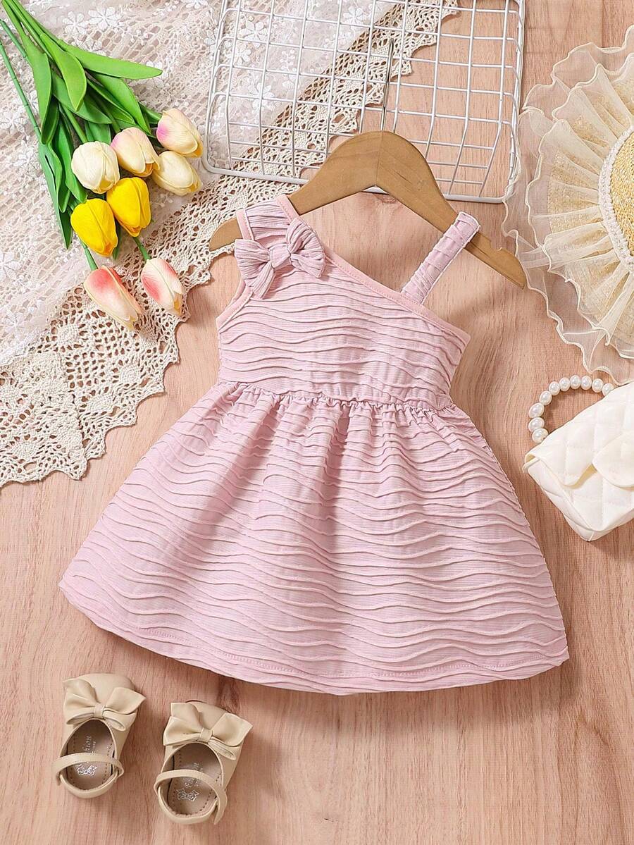 Baby Bow Front Asymmetrical Neck Bow Front Dress - Dusty Pink - View 1