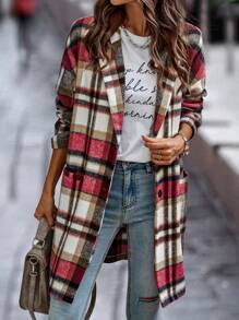 SHEIN LUNE Plaid Double Pocket Lapel Neck Drop Shoulder Overcoat - Multicolor - View 3