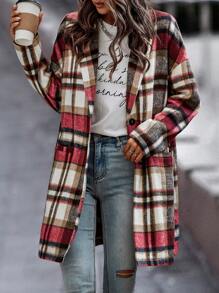SHEIN LUNE Plaid Double Pocket Lapel Neck Drop Shoulder Overcoat - Multicolor - View 4