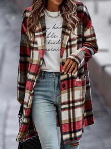 SHEIN LUNE Plaid Double Pocket Lapel Neck Drop Shoulder Overcoat - Multicolor - View 5
