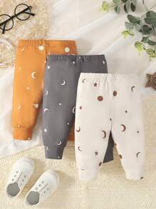 SHEIN 女嬰3入組月亮星星圖案長褲 - 彩色 - 查看 2