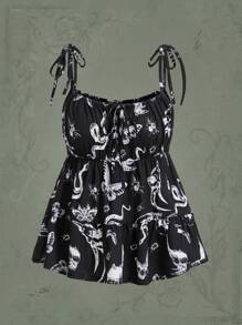 ROMWE Goth 蛇印花胸部褶皺肩上打結吊帶上衣 - 黑色 - 查看 1