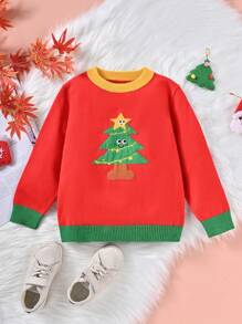 Girls Christmas Tree Pattern Contrast Trim Sweater - Red - View 1