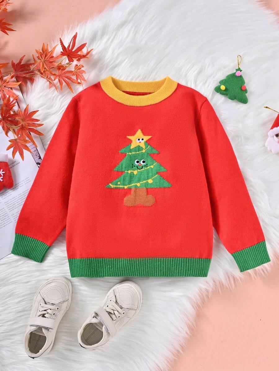 Girls Christmas Tree Pattern Contrast Trim Sweater - Red - View 1