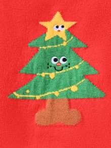 Girls Christmas Tree Pattern Contrast Trim Sweater - Red - View 4