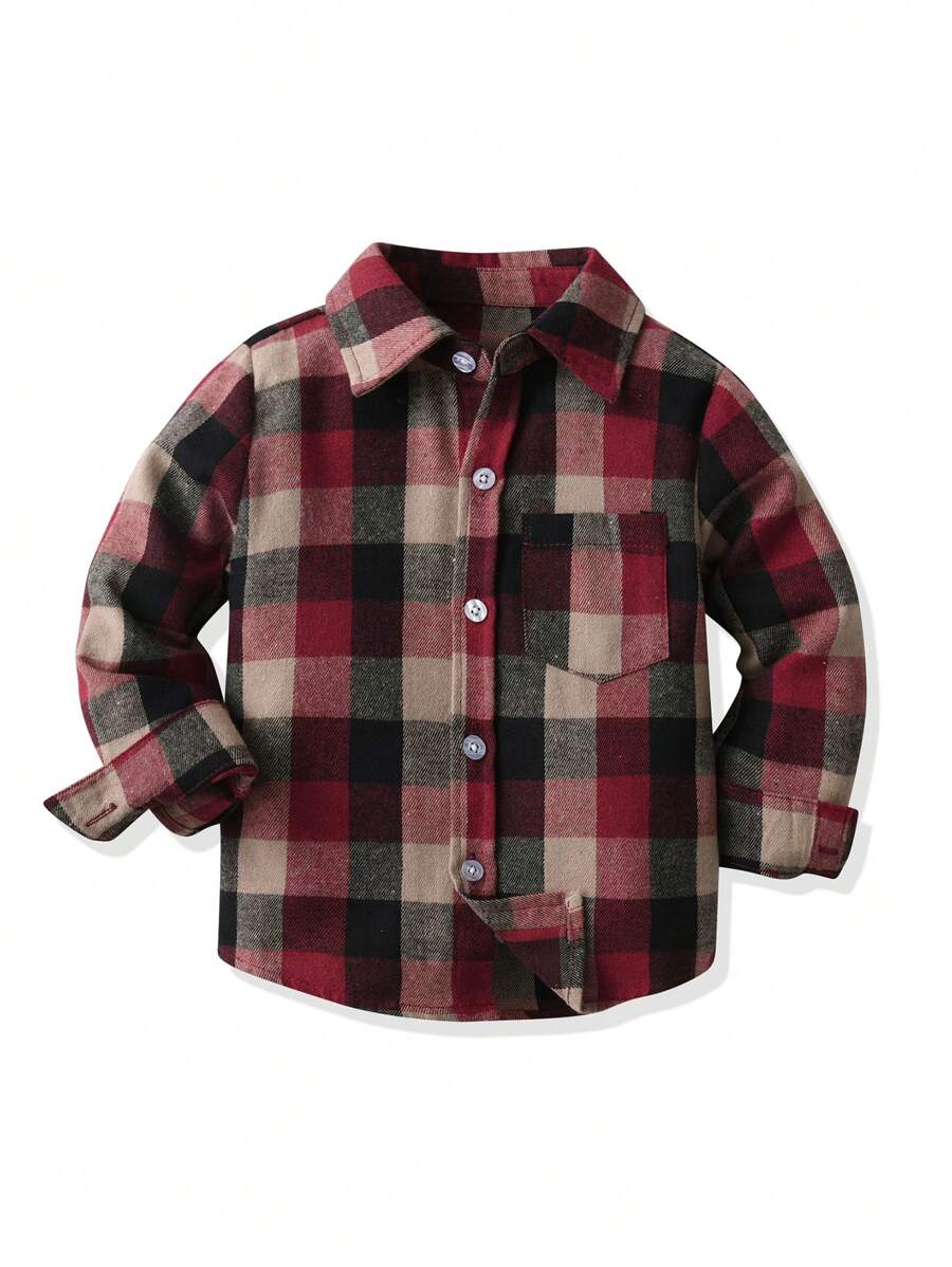 小男孩格子印花口袋贴纽扣衬衫