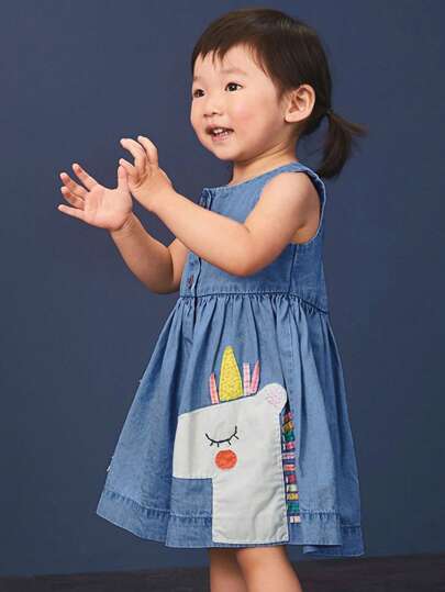 女小童獨角獸刺繡牛仔裙