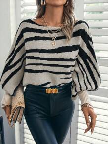 EMERY ROSE Jersey de manga murciélago con estampado de rayas de cebra, Top de manga larga