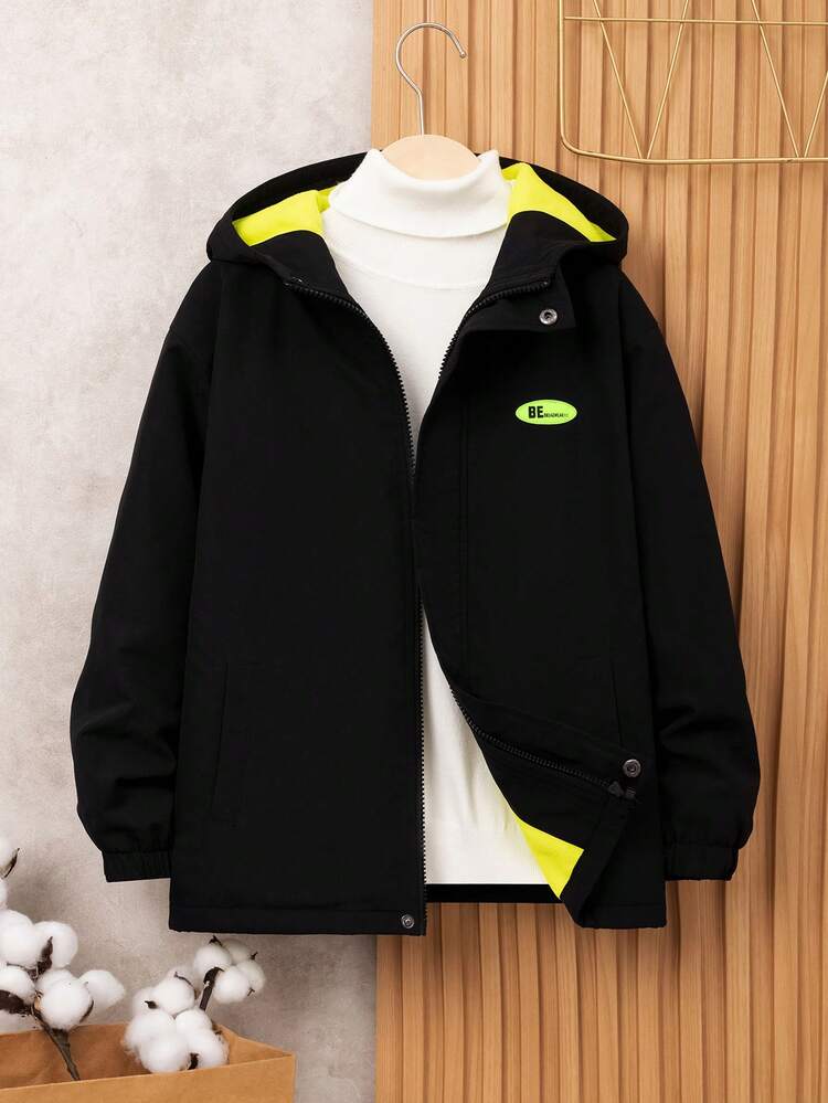 Tween Boy 1pc Letter Patched Detail Hooded Thermal Lined Coat