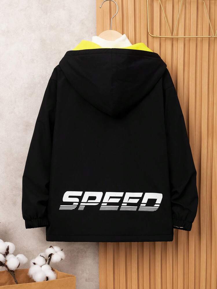 Tween Boy 1pc Letter Patched Detail Hooded Thermal Lined Coat