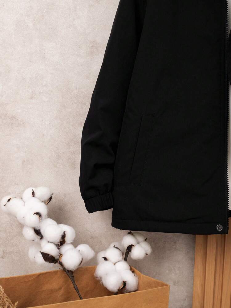 Tween Boy 1pc Letter Patched Detail Hooded Thermal Lined Coat