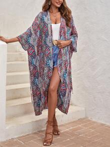 SHEIN LUNE In hoa Paisley tay cánh Kimono - Đỏ - Xem 3