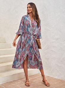 SHEIN LUNE In hoa Paisley tay cánh Kimono - Đỏ - Xem 1