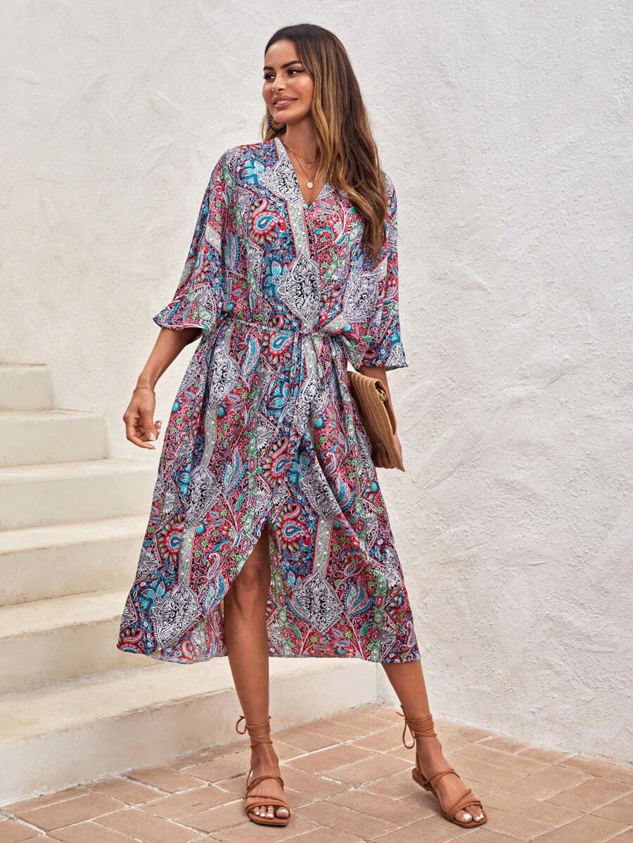 SHEIN LUNE In hoa Paisley tay cánh Kimono - Đỏ - Xem 1