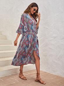 SHEIN LUNE In hoa Paisley tay cánh Kimono - Đỏ - Xem 4