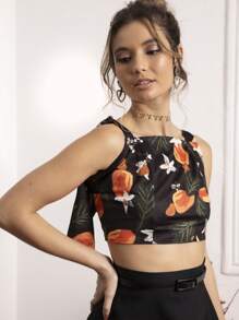 SHE(IN) BRASIL 印花肩部打結短款寬背帶上衣 - 黑色 - 查看 1