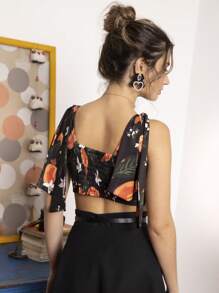 SHE(IN) BRASIL 印花肩部打結短款寬背帶上衣 - 黑色 - 查看 2