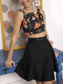 SHE(IN) BRASIL 印花肩部打結短款寬背帶上衣 - 黑色 - 查看 5