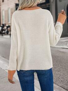 Chiquease Contrast Trim Drop Shoulder Notched Neckline Sweater