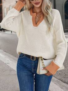 Chiquease Contrast Trim Drop Shoulder Notched Neckline Sweater