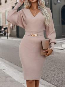 Ellegaria. Surplice Neck Batwing Sleeve Chain Detail Sweater Dress Fall Winter Cloth For Women - Dusty Pink - View 3