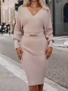 Ellegaria. Surplice Neck Batwing Sleeve Chain Detail Sweater Dress Fall Winter Cloth For Women - Dusty Pink - View 6