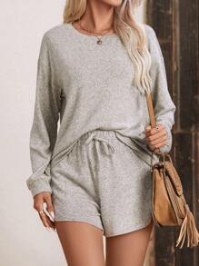 SHEIN LUNE 落肩T恤&前打結短褲 - 杏色 - 查看 1