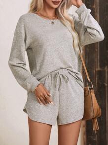 SHEIN LUNE 落肩T恤&前打結短褲 - 杏色 - 查看 3