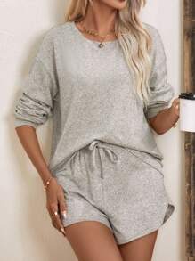 SHEIN LUNE 落肩T恤&前打結短褲 - 杏色 - 查看 6