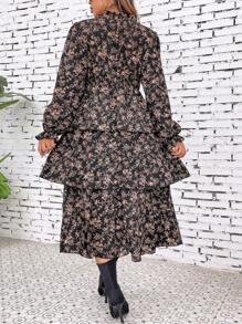 SHEIN LUNE Vestido largo con estampado floral, manga de campana y volante en el bajo para mujer talla grande - Negro - Ver 2