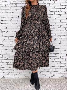SHEIN LUNE Vestido largo con estampado floral, manga de campana y volante en el bajo para mujer talla grande - Negro - Ver 5