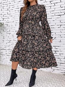 SHEIN LUNE Vestido largo con estampado floral, manga de campana y volante en el bajo para mujer talla grande - Negro - Ver 6