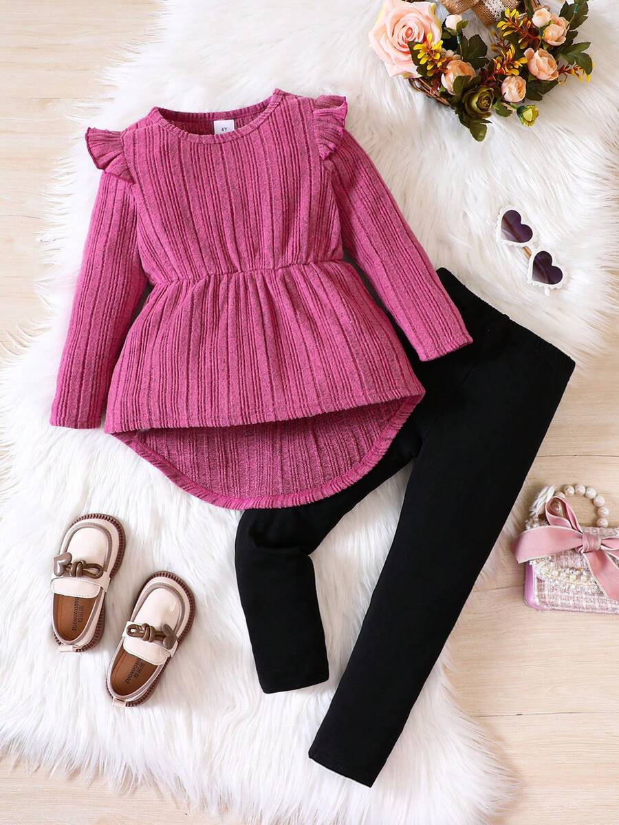 SHEIN Young Girl Ruffle Trim High Low Hem Tee & Leggings - Multicolor - View 1