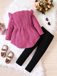 SHEIN Young Girl Ruffle Trim High Low Hem Tee & Leggings - Multicolor - View 2