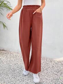 SHEIN Frenchy Paperbag Waist Pocket Patched Trousers - Redwood - View 1