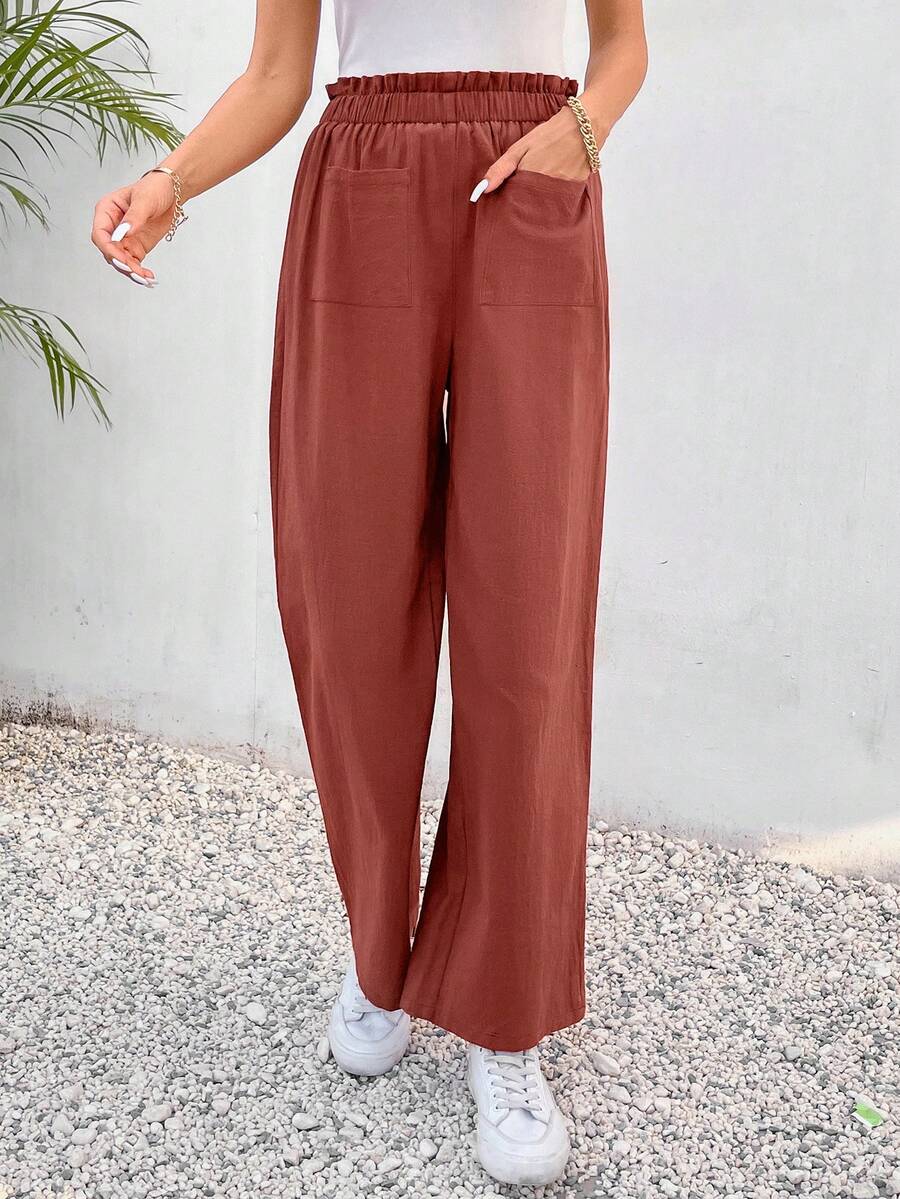 SHEIN Frenchy Paperbag Waist Pocket Patched Trousers - Redwood - View 1