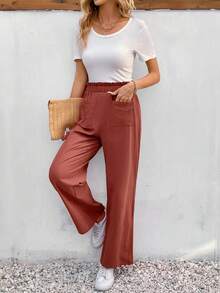 SHEIN Frenchy Paperbag Waist Pocket Patched Trousers - Redwood - View 4