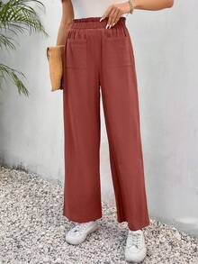 SHEIN Frenchy Paperbag Waist Pocket Patched Trousers - Redwood - View 5
