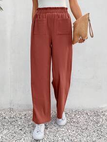 SHEIN Frenchy Paperbag Waist Pocket Patched Trousers - Redwood - View 3