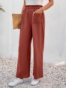 SHEIN Frenchy Paperbag Waist Pocket Patched Trousers - Redwood - View 6