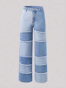 SHEIN Explorewe Chica adolescente Jeans de pierna recta de color combinado ribete crudo - Azul lavado medio - Ver 1