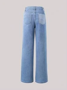 SHEIN Explorewe Chica adolescente Jeans de pierna recta de color combinado ribete crudo - Azul lavado medio - Ver 2