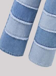SHEIN Explorewe Chica adolescente Jeans de pierna recta de color combinado ribete crudo - Azul lavado medio - Ver 3