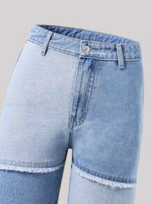SHEIN Explorewe Chica adolescente Jeans de pierna recta de color combinado ribete crudo - Azul lavado medio - Ver 4
