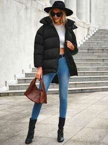 EURMUSE Women's Fashionable Versatile Solid Color Hooded Jacket, Winter - Black - View 3