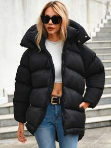 EURMUSE Women's Fashionable Versatile Solid Color Hooded Jacket, Winter - Black - View 4